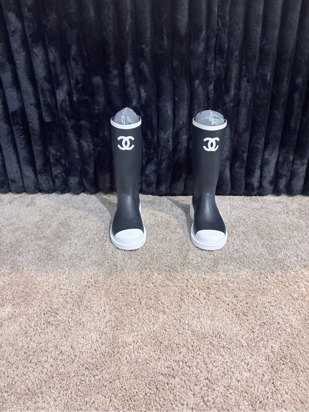 CHANEL Black and White Kids Logo Rain Boots